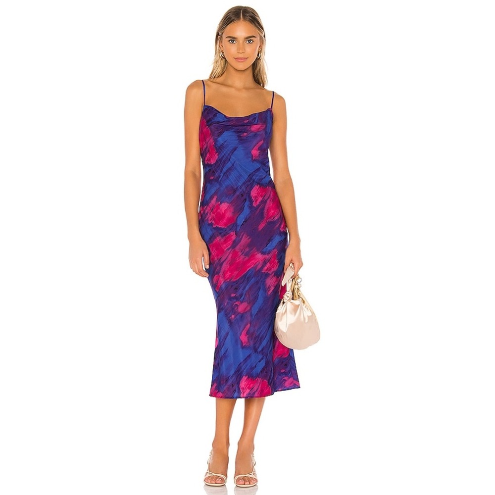Majorelle Dress Womens XS Blue Pink Boston Midi Abstract Cowl Neck Slip Resort